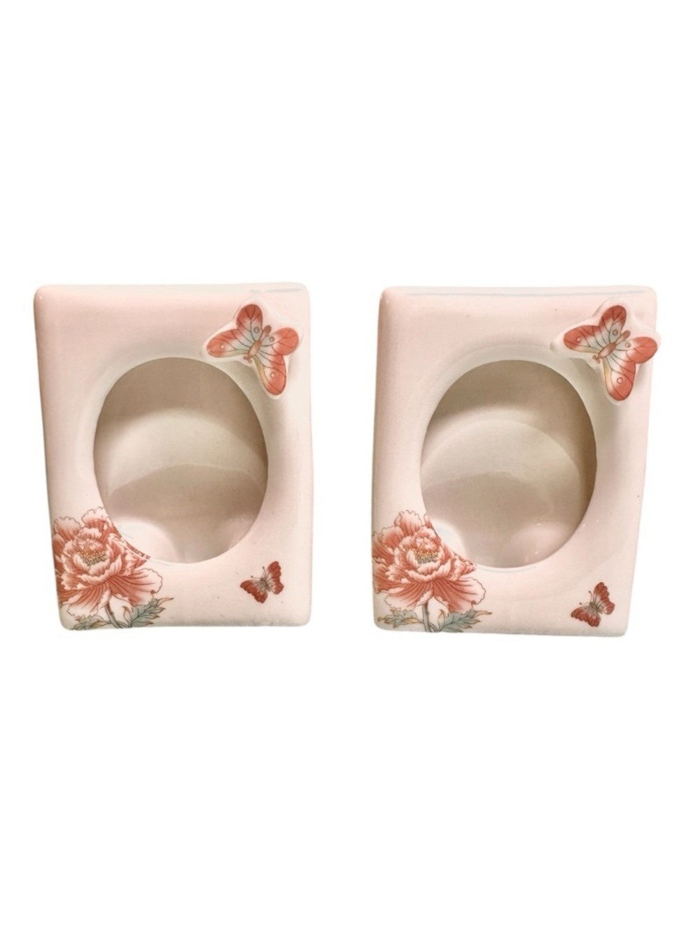 Vintage Chinoiserie Porcelain Oval Picture Frame 3 D Butterfly Japan Set of 2